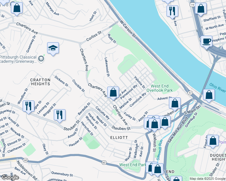 map of restaurants, bars, coffee shops, grocery stores, and more near 722 Bucyrus Street in Pittsburgh