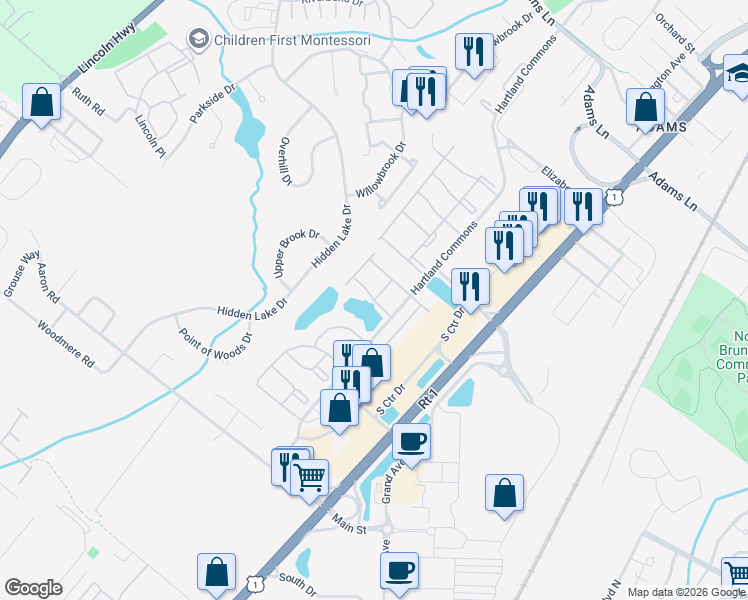 map of restaurants, bars, coffee shops, grocery stores, and more near Hadleigh Ln & Witney Ct in North Brunswick Township