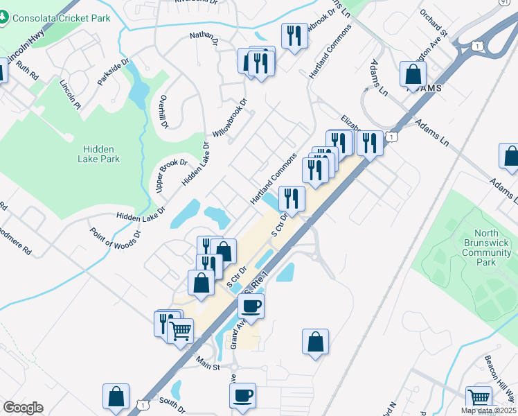 map of restaurants, bars, coffee shops, grocery stores, and more near 1 Kingston Run in North Brunswick Township