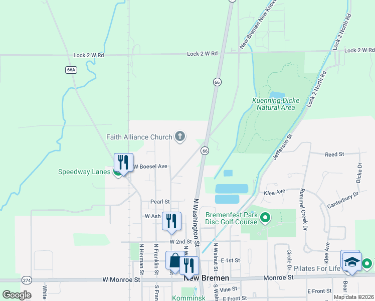 map of restaurants, bars, coffee shops, grocery stores, and more near 6670 New Bremen in New Bremen
