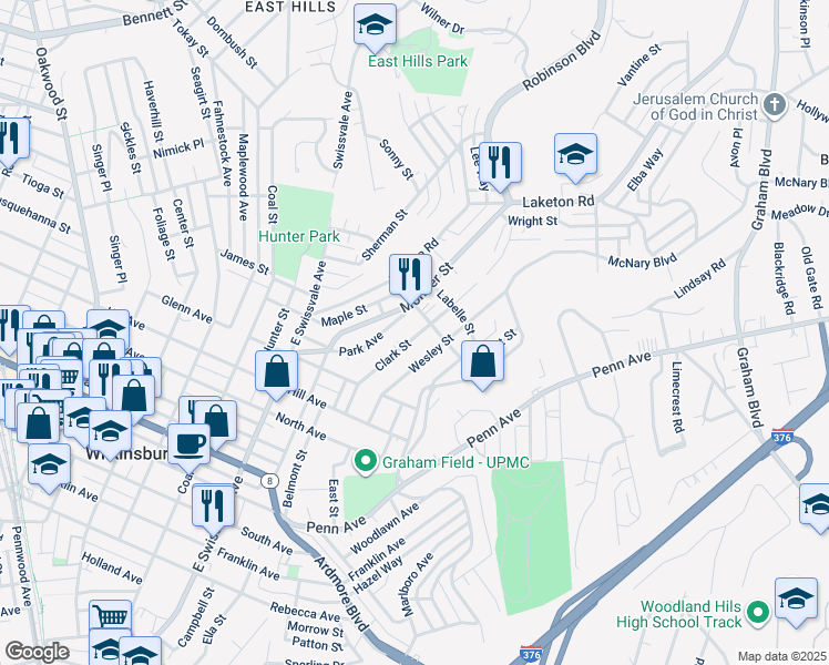 map of restaurants, bars, coffee shops, grocery stores, and more near 1567 Clark Street in Pittsburgh