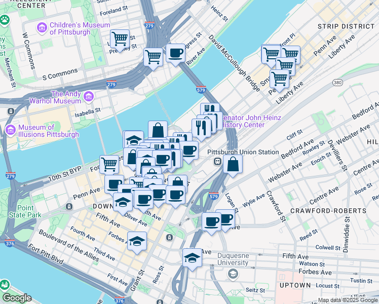 map of restaurants, bars, coffee shops, grocery stores, and more near 11th Street in Pittsburgh