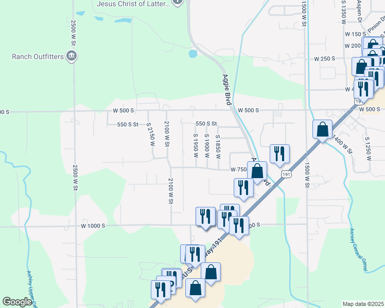map of restaurants, bars, coffee shops, grocery stores, and more near 692 South 1950 West in Vernal