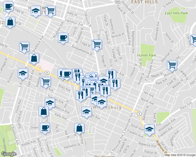 map of restaurants, bars, coffee shops, grocery stores, and more near 614 Hill Avenue in Pittsburgh