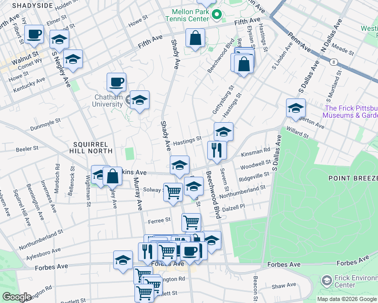 map of restaurants, bars, coffee shops, grocery stores, and more near 900 Hastings Street in Pittsburgh