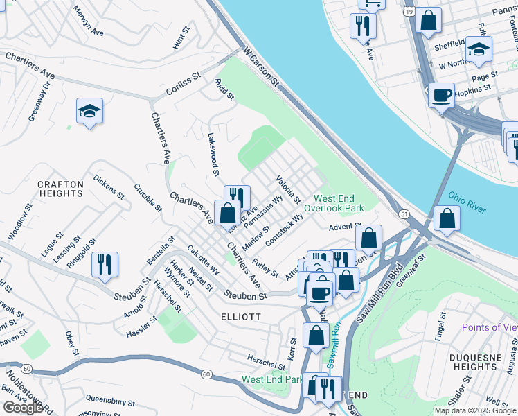 map of restaurants, bars, coffee shops, grocery stores, and more near 1012 Uvilla Street in Pittsburgh
