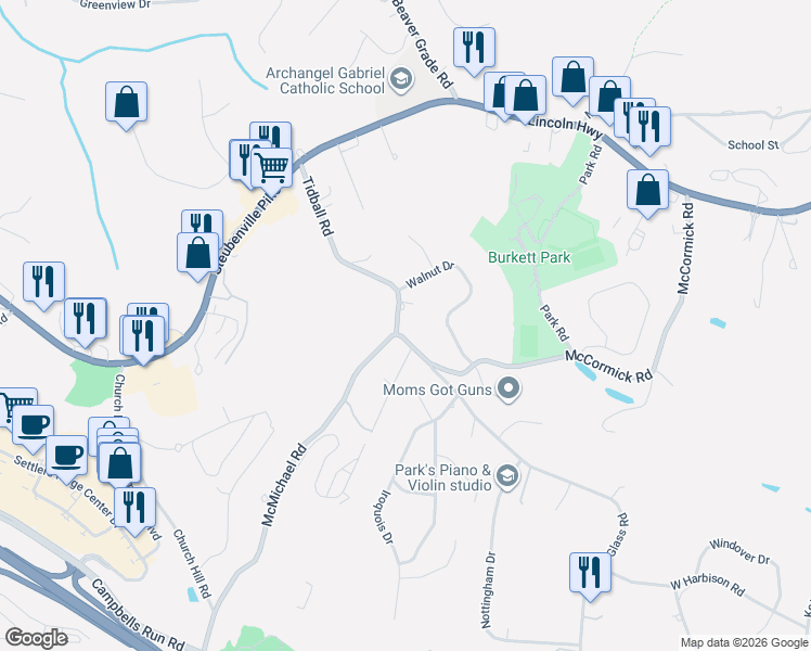 map of restaurants, bars, coffee shops, grocery stores, and more near 41 Tidball Road in Pittsburgh