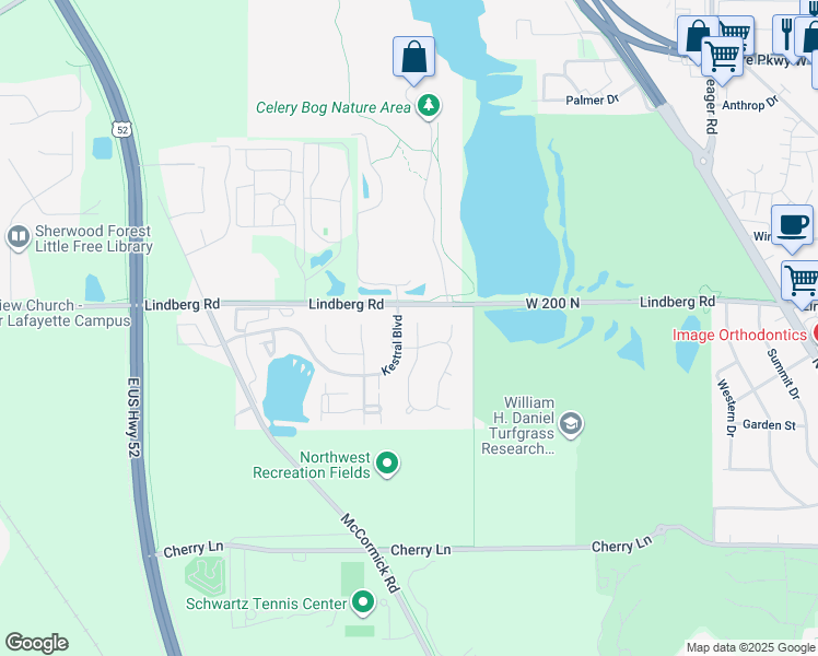 map of restaurants, bars, coffee shops, grocery stores, and more near 1700 Lindberg Road in West Lafayette