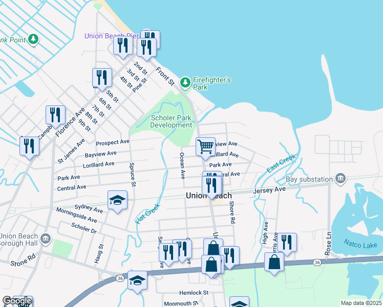map of restaurants, bars, coffee shops, grocery stores, and more near 621 Lorillard Avenue in Union Beach