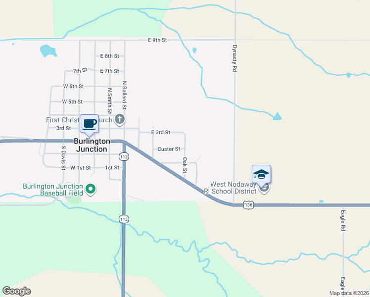 map of restaurants, bars, coffee shops, grocery stores, and more near 300 Oak Street in Burlington Junction