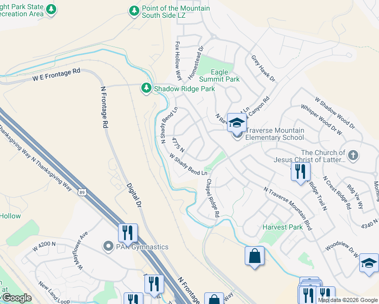 map of restaurants, bars, coffee shops, grocery stores, and more near 2476 North Sunset Way in Lehi