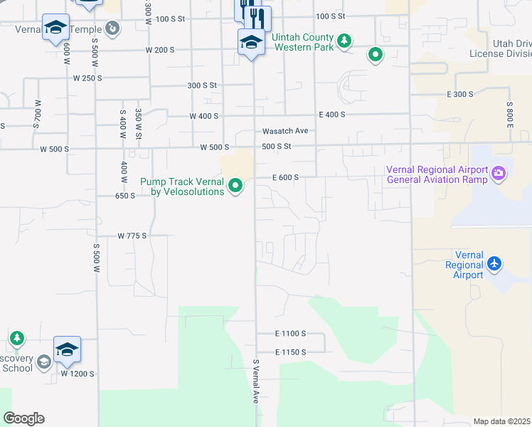 map of restaurants, bars, coffee shops, grocery stores, and more near 601 South Vernal Avenue in Vernal