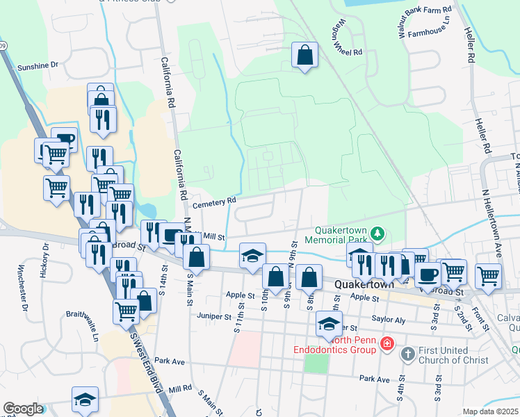 map of restaurants, bars, coffee shops, grocery stores, and more near 1048 Brookfield Circle in Quakertown