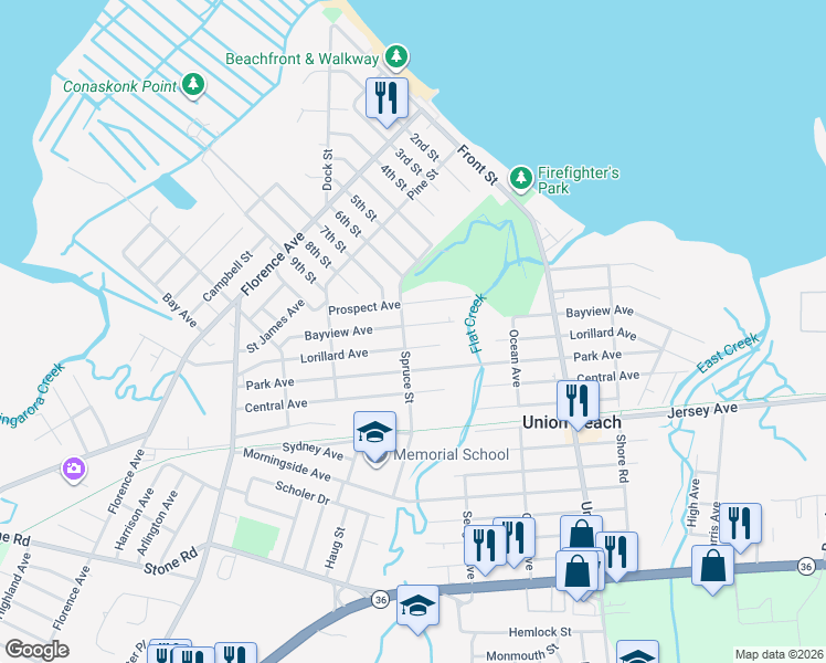 map of restaurants, bars, coffee shops, grocery stores, and more near 404 Prospect Avenue in Union Beach