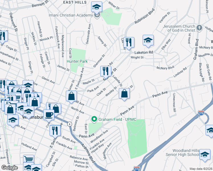 map of restaurants, bars, coffee shops, grocery stores, and more near 1209 Bessica Street in Pittsburgh