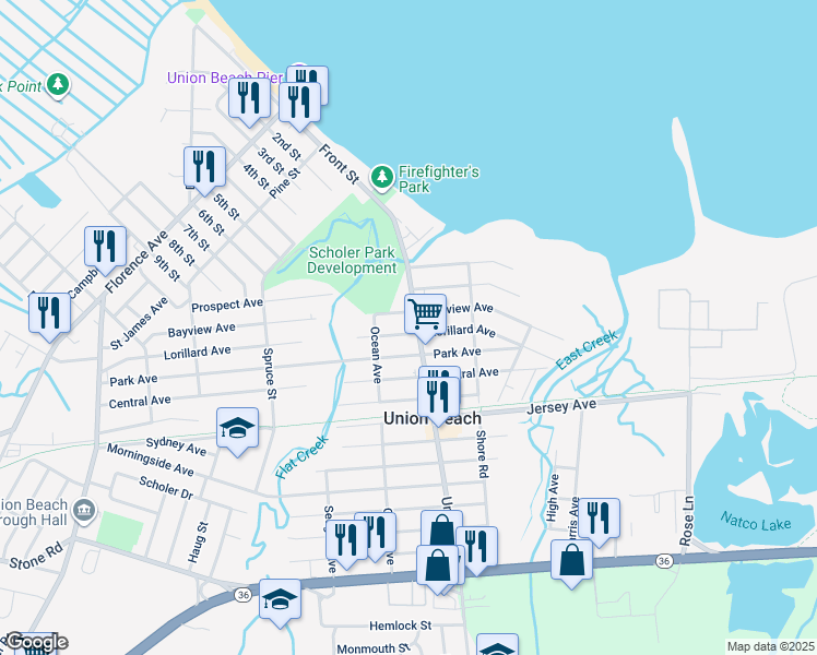 map of restaurants, bars, coffee shops, grocery stores, and more near 312 Union Avenue in Union Beach