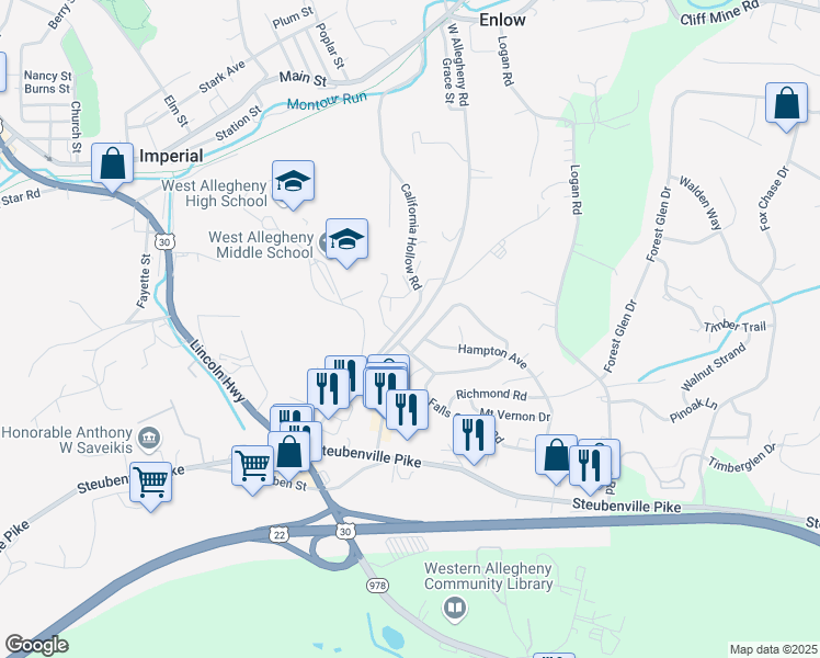 map of restaurants, bars, coffee shops, grocery stores, and more near 205 West Allegheny Road in Imperial