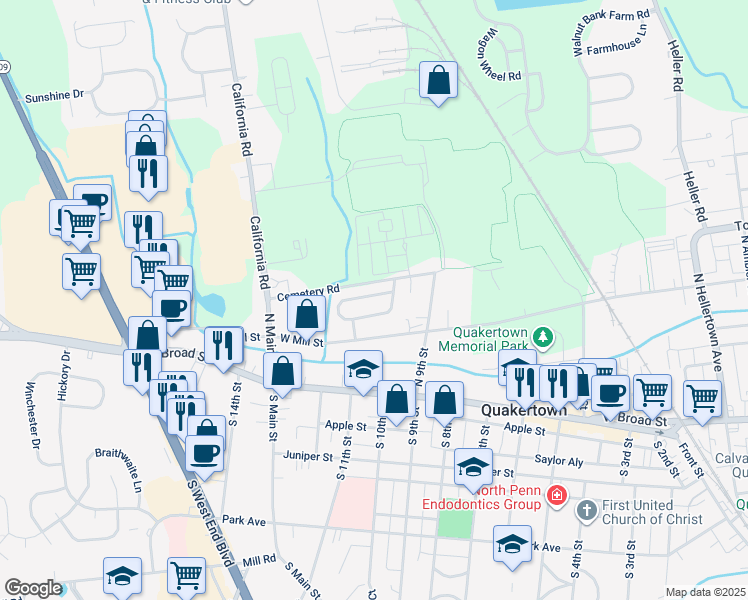 map of restaurants, bars, coffee shops, grocery stores, and more near 1048 Brookfield Circle in Quakertown