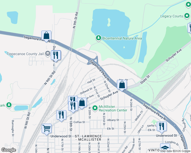 map of restaurants, bars, coffee shops, grocery stores, and more near 2114 Moore Street in Lafayette