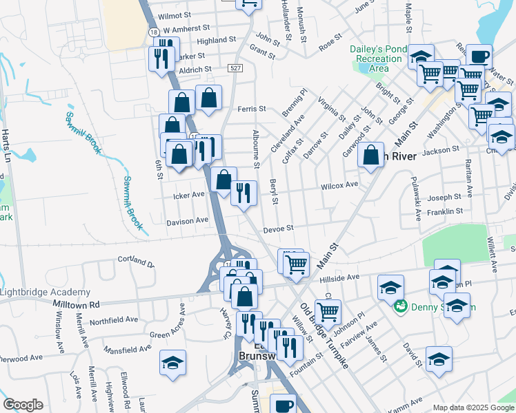 map of restaurants, bars, coffee shops, grocery stores, and more near 80 Wilcox Avenue in South River