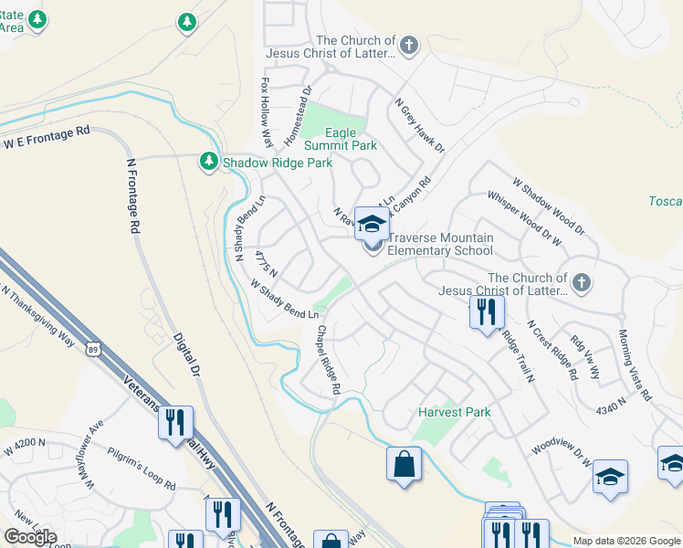 map of restaurants, bars, coffee shops, grocery stores, and more near 2674 West Shady Hollow Lane in Lehi