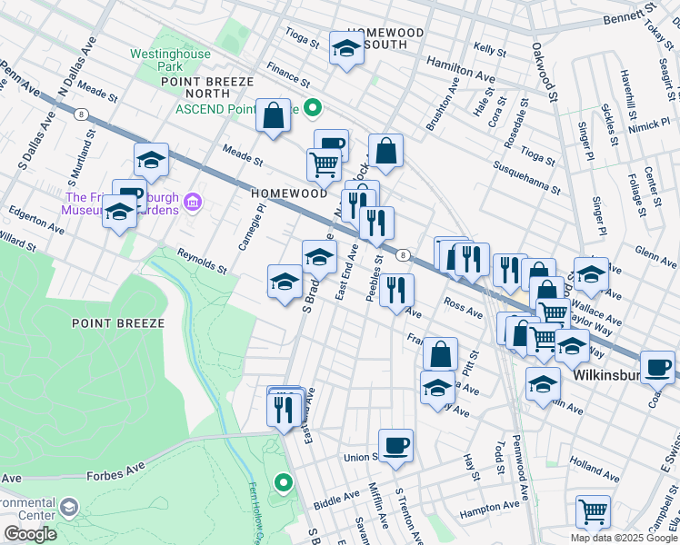 map of restaurants, bars, coffee shops, grocery stores, and more near 104 East End Avenue in Pittsburgh
