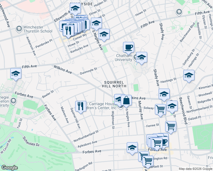 map of restaurants, bars, coffee shops, grocery stores, and more near 1154 Wightman Street in Pittsburgh
