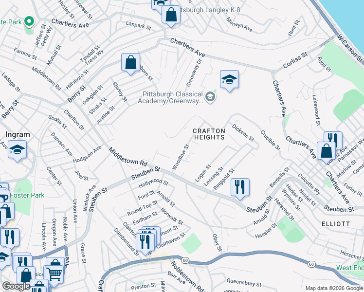 map of restaurants, bars, coffee shops, grocery stores, and more near 1595 Crucible Street in Pittsburgh