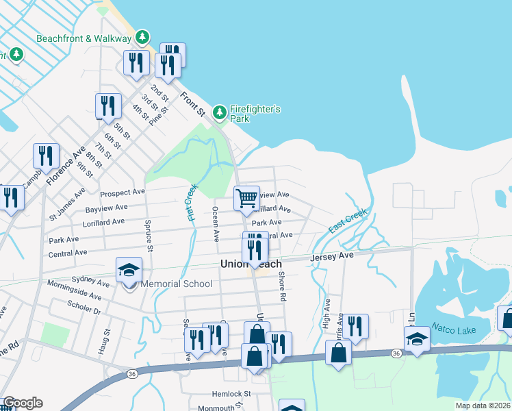 map of restaurants, bars, coffee shops, grocery stores, and more near 312 Union Avenue in Union Beach