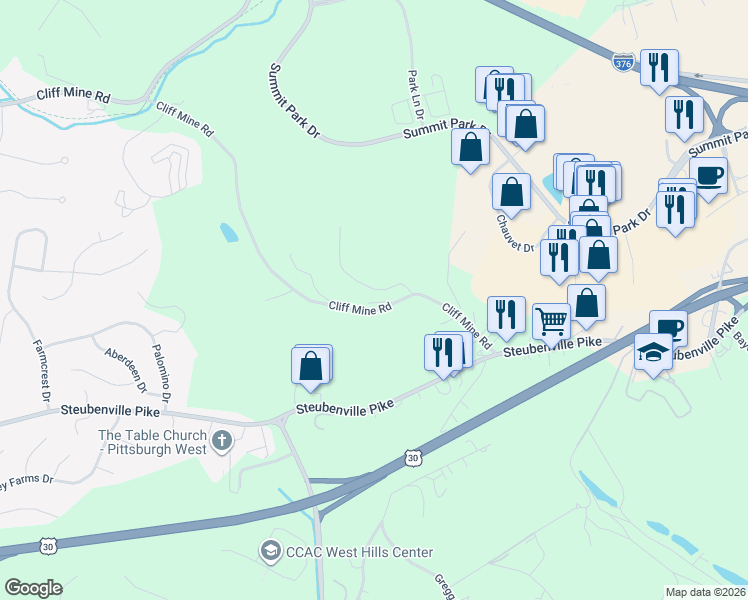 map of restaurants, bars, coffee shops, grocery stores, and more near 208 Usenick Lane in Coraopolis