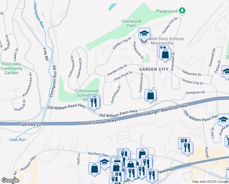 map of restaurants, bars, coffee shops, grocery stores, and more near 511 Larix Road in Monroeville