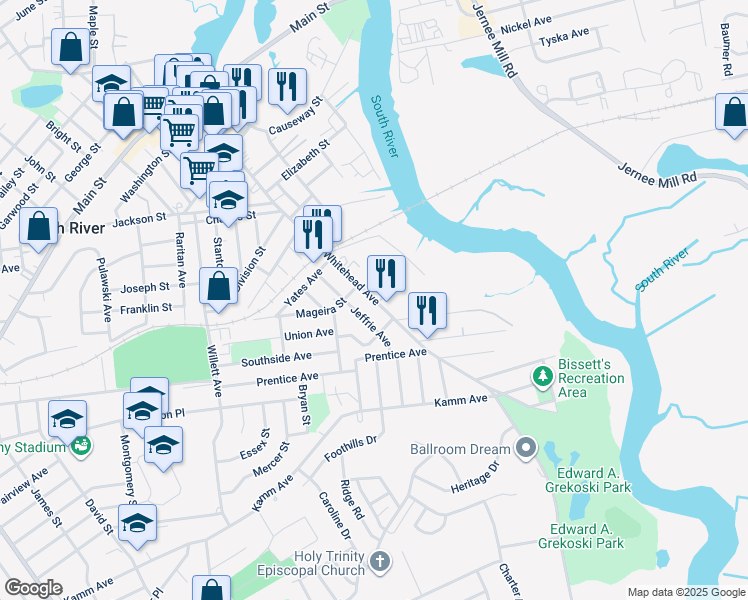 map of restaurants, bars, coffee shops, grocery stores, and more near 86 Whitehead Avenue in South River