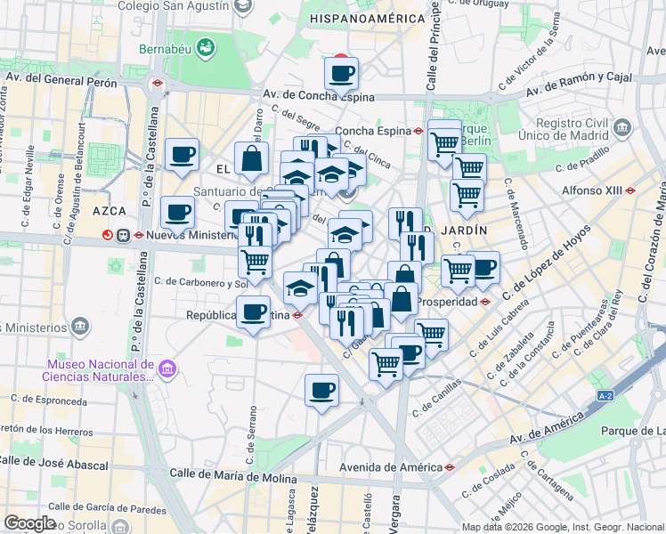 map of restaurants, bars, coffee shops, grocery stores, and more near 115 Avenida de América in Madrid