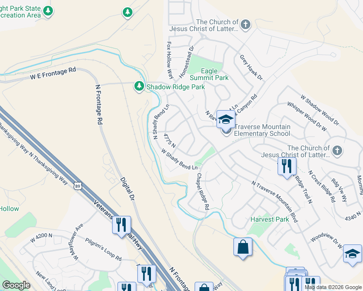 map of restaurants, bars, coffee shops, grocery stores, and more near 4708 North Sunset Way in Lehi