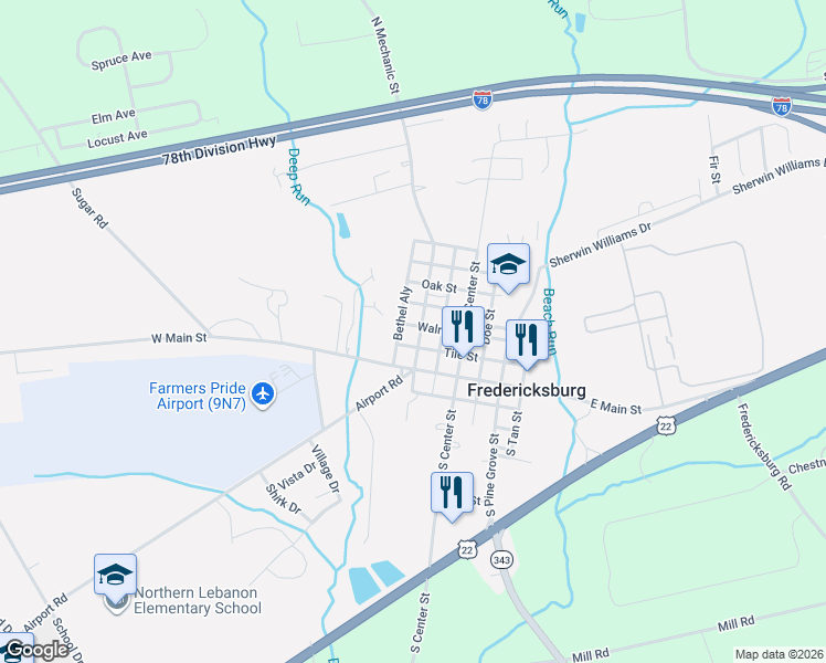 map of restaurants, bars, coffee shops, grocery stores, and more near 131 North Mechanic Street in Fredericksburg