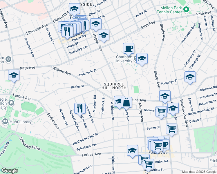 map of restaurants, bars, coffee shops, grocery stores, and more near 5544 Fair Oaks Street in Pittsburgh