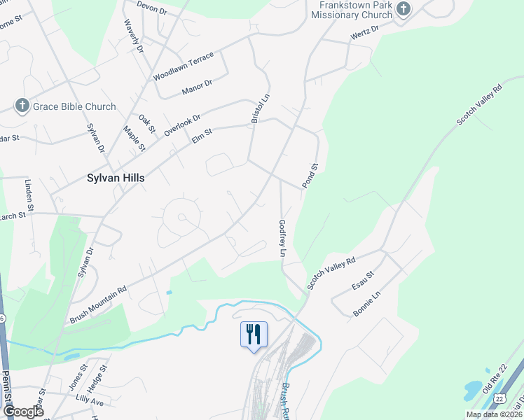 map of restaurants, bars, coffee shops, grocery stores, and more near Rose Court in Hollidaysburg