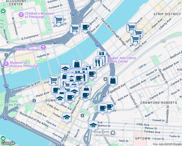 map of restaurants, bars, coffee shops, grocery stores, and more near 11th Street in Pittsburgh