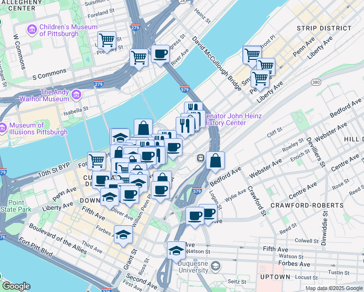 map of restaurants, bars, coffee shops, grocery stores, and more near 1127 Penn Avenue in Pittsburgh