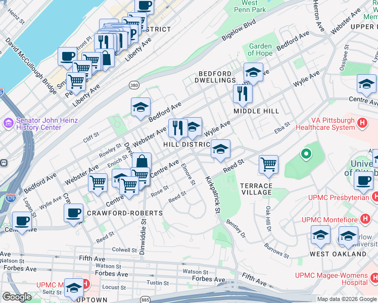 map of restaurants, bars, coffee shops, grocery stores, and more near 2177 Centre Avenue in Pittsburgh