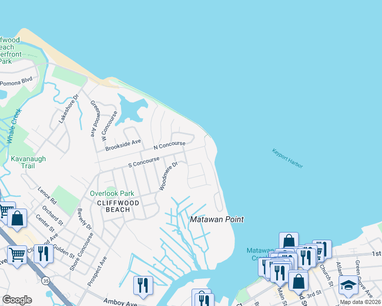 map of restaurants, bars, coffee shops, grocery stores, and more near 987 North Concourse in Keyport