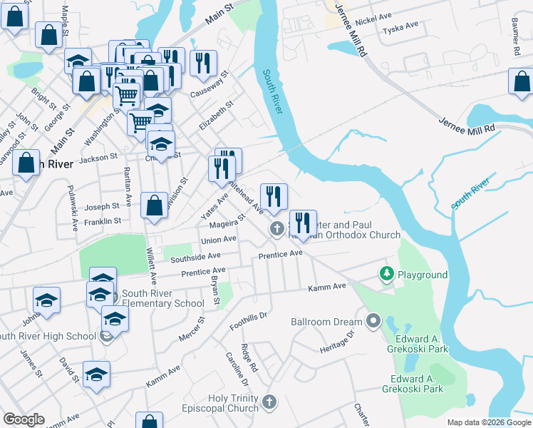 map of restaurants, bars, coffee shops, grocery stores, and more near 3 Serviss Street in South River