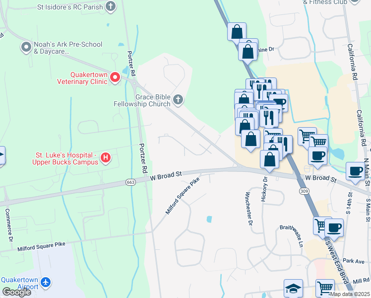 map of restaurants, bars, coffee shops, grocery stores, and more near 95 Stonegate Village in Quakertown