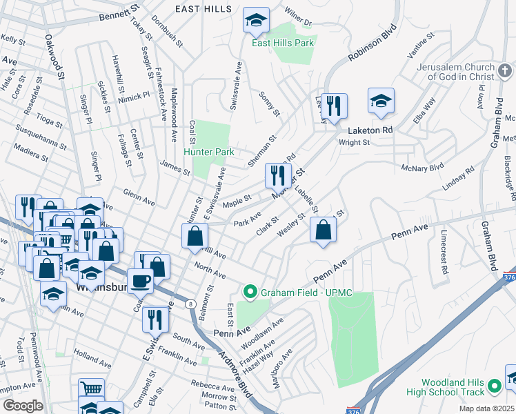 map of restaurants, bars, coffee shops, grocery stores, and more near 1551 Montier Street in Pittsburgh