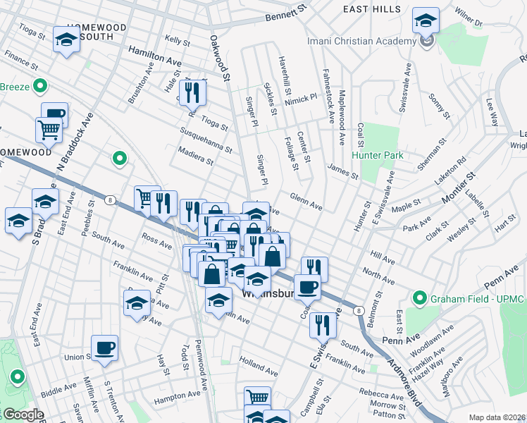 map of restaurants, bars, coffee shops, grocery stores, and more near 717 Hill Avenue in Pittsburgh