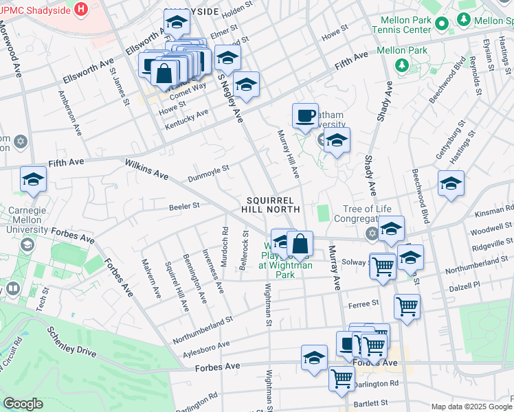 map of restaurants, bars, coffee shops, grocery stores, and more near 1150 Wightman Street in Pittsburgh