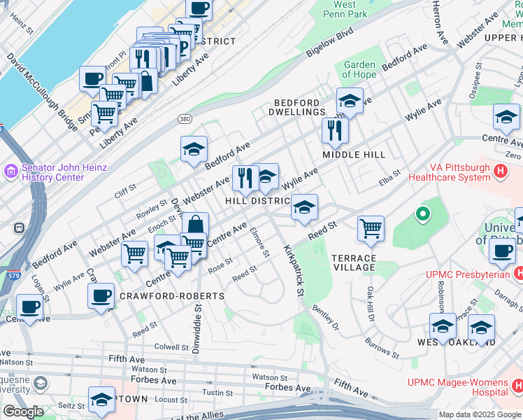 map of restaurants, bars, coffee shops, grocery stores, and more near in Pittsburgh