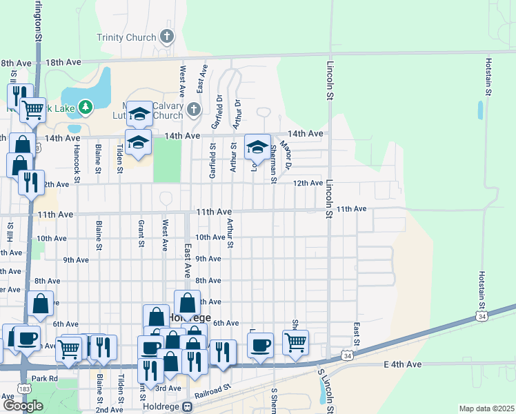 map of restaurants, bars, coffee shops, grocery stores, and more near 1101-1199 Logan St in Holdrege