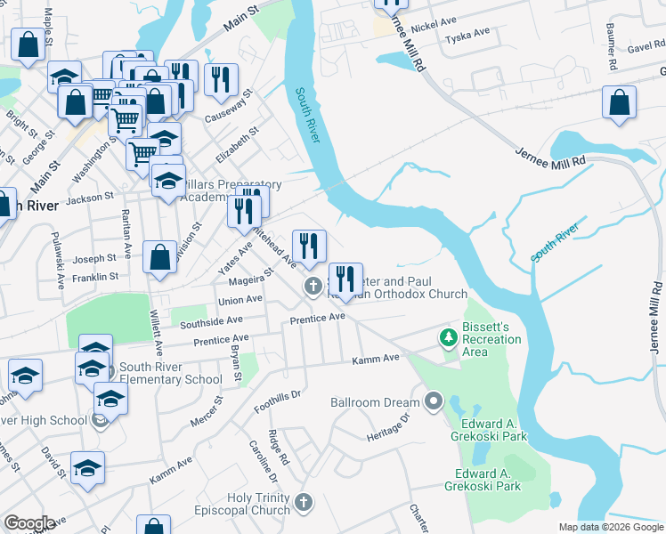 map of restaurants, bars, coffee shops, grocery stores, and more near Riverview Drive in South River