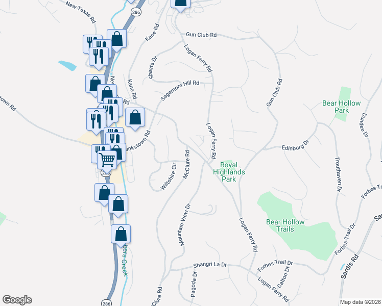 map of restaurants, bars, coffee shops, grocery stores, and more near 1795 McClure Road in Monroeville